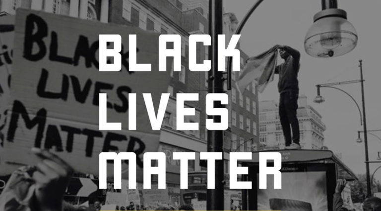A person holds a Black Lives Matter sign at a protest while another stands on a structure. The words "Black Lives Matter" are overlaid in large text, echoing like a chorus from the Colorado Choir.