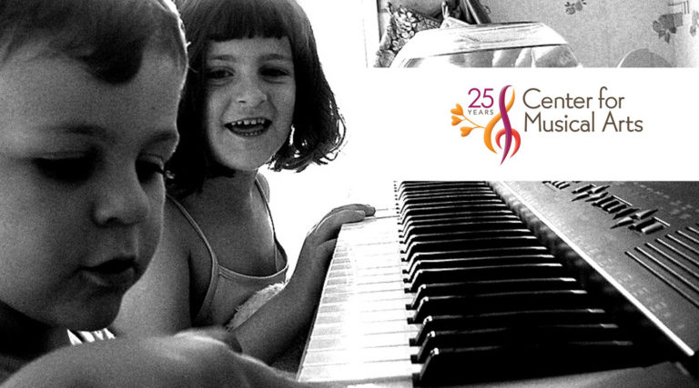Two young children play an electric keyboard as the Center for Musical Arts 25th anniversary logo appears in the top right corner, celebrating a legacy shared with Colorado Choir.