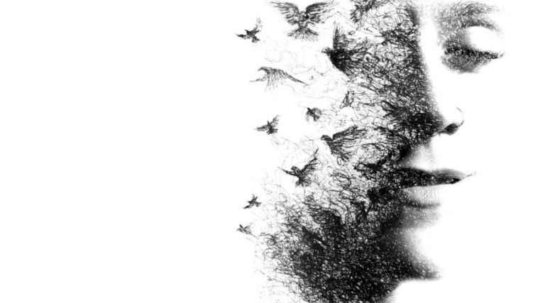 Black and white image of a woman’s face fading into abstract scribbles and birds, blending her features into artistic, fragmented elements on a white background—echoing the expressive spirit of the Colorado Choir.