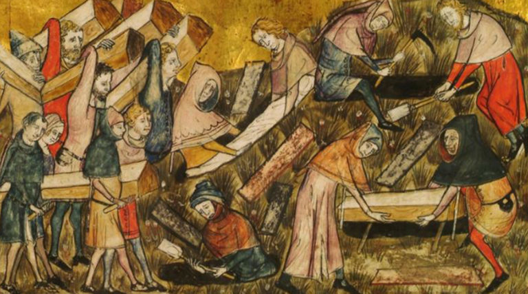 Medieval illustration showing people digging graves and burying the dead during the Black Death plague outbreak, echoing a somber scene much like a Colorado Choir performing a requiem for lost souls.