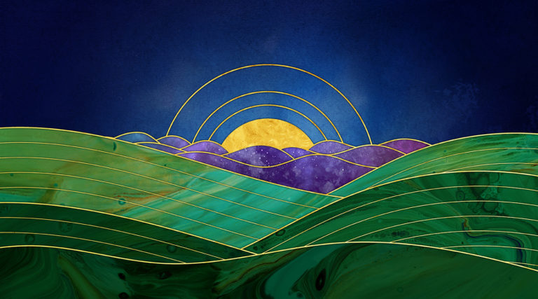Abstract landscape illustration with green hills, purple mountains, and a yellow sun rising against a dark blue sky, all outlined with thin gold lines—an artistic tribute reminiscent of the Colorado Choir’s harmonious spirit.