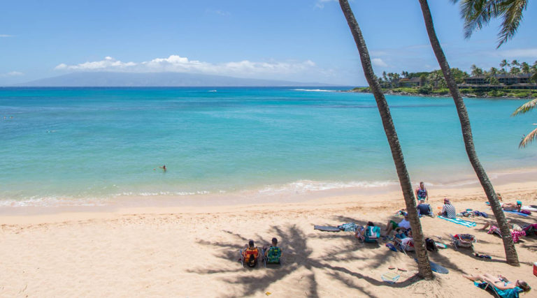 People relax on a sandy beach near turquoise ocean water under clear blue skies, with palm trees providing shade as the peaceful sounds echo like a Colorado Choir. A distant island is visible on the horizon.