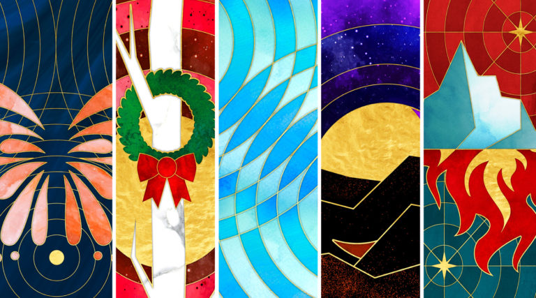 A collage of five stained glass panels featuring abstract designs: a butterfly, a wreath with drumsticks, blue waves, a night landscape, and mountains with red flames—an artistic tribute to the Colorado Choir’s vibrant spirit.
