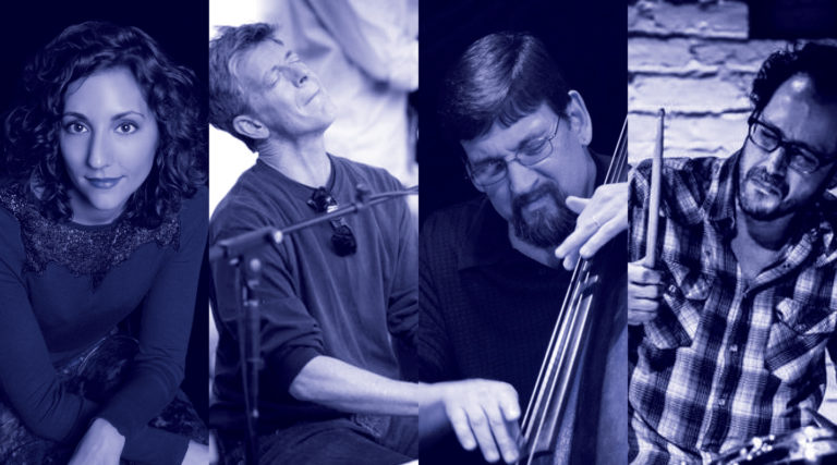 Four people are shown in individual portrait-style sections; one woman and three men, with two playing musical instruments and one holding drumsticks. The image, tinted blue, highlights members of the Colorado Choir immersed in their musical element.