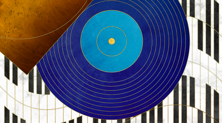 A blue and gold circle with black and white stripes, inspired by the elegance of the Colorado Choir.