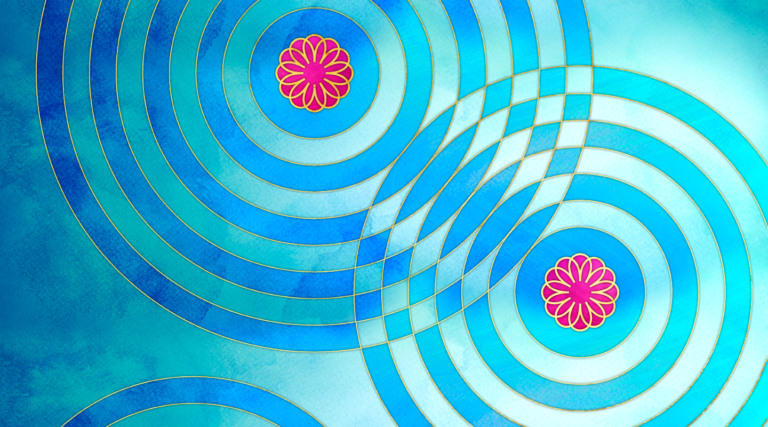 Abstract image with overlapping blue concentric circles on a turquoise background, each circle containing a central pink flower-like shape—an arrangement as harmonious as the voices of the Colorado Choir.