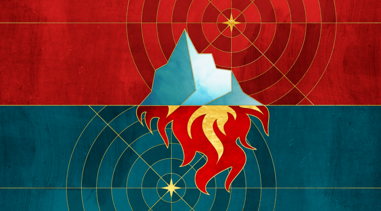 A geometric iceberg sits above stylized golden flames, dividing a red upper half and blue lower half background with gold concentric circles and stars—a striking emblem perfect for the Colorado Choir.