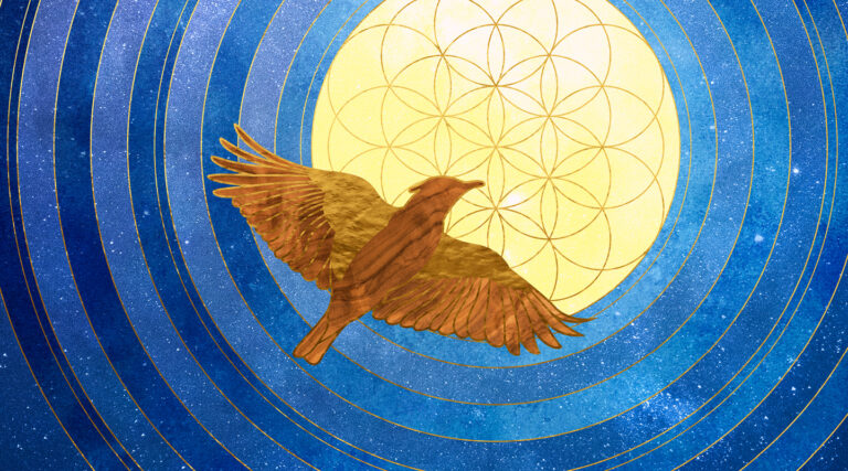 A brown bird with outstretched wings flies in front of a large, bright yellow geometric circle, set against a blue, starry, concentric patterned background—an image evoking the harmony and spirit of the Colorado Choir.