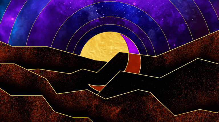 Artistic desert illustration of the sun and moon against rolling sand dunes.