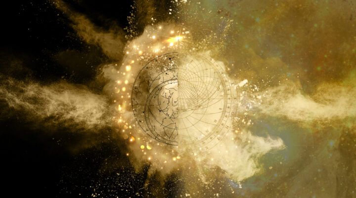 Artwork interpretation of astrolabe star charts over a magical nebulous golden stardust.