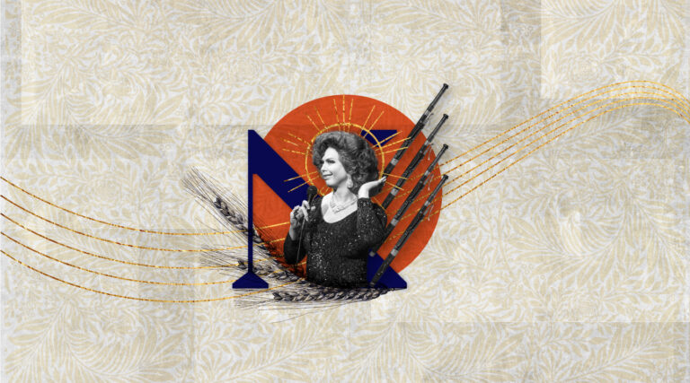 A grayscale woman in a sparkly dress holds a microphone, overlaid with musical notes, an orange circle, wheat, abstract shapes, and the Colorado Choir emblem on a pale patterned background.