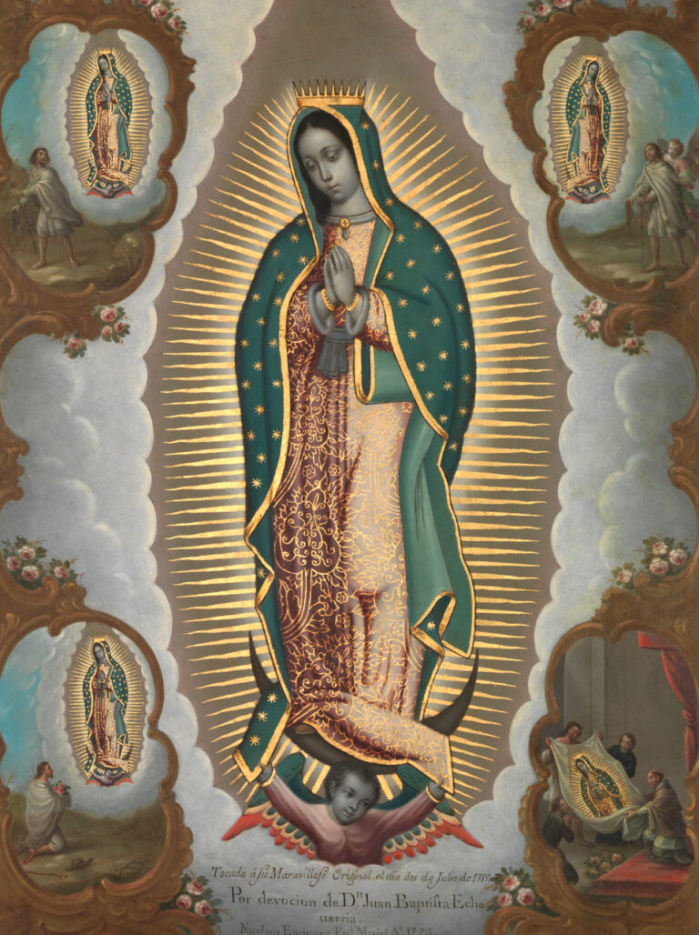 A classical painting of Our Lady of Guadalupe, depicted with hands clasped in prayer, a green mantle with gold stars, surrounded by a golden aura—echoing the serene grace of the Colorado Choir—alongside smaller images in ornate frames.
