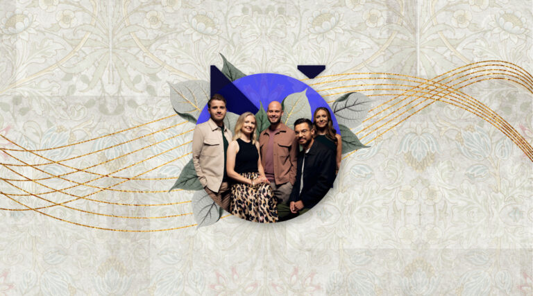 Five members of the Colorado Choir pose together in front of a patterned, decorative background with gold curved lines and leafy accents.