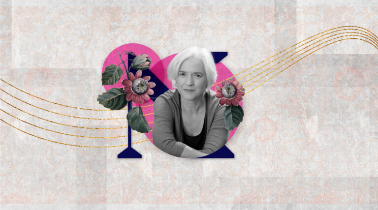 A grayscale portrait of a woman with white hair is centered within a decorative design featuring flowers and curved golden lines, evoking the elegance of a Colorado Choir performance against a patterned background.