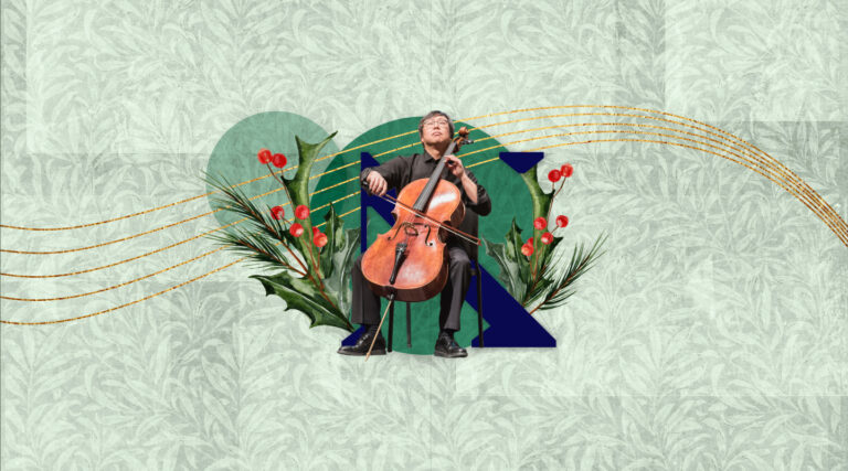 A cellist plays the cello, seated amid floral and geometric designs, with gold music staff lines in the background on a textured light green backdrop, evoking the harmonious spirit of a Colorado Choir performance.