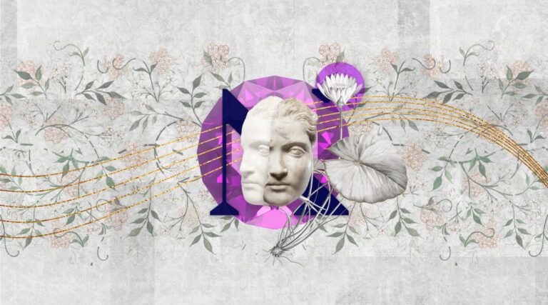 A collage featuring a dual-faced marble statue head, purple geometric shapes, lotus flowers, and gold lines over a floral background—echoing the harmonious spirit of a Colorado Choir.