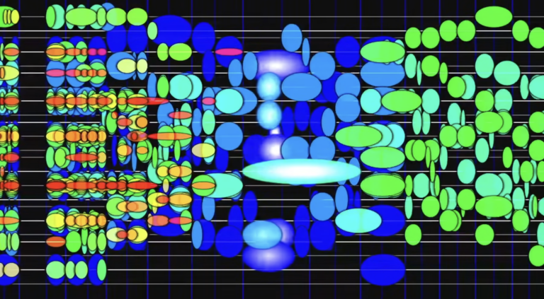 Colorful abstract digital art with overlapping oval shapes in blue, green, red, and yellow on a black grid background. Like visual program notes, the bright blue shapes are concentrated in the center, drawing the eye beyond the surface.