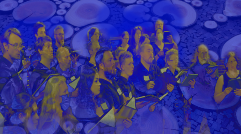 A choir sings while holding sheet music, overlaid with a blue pattern of abstract circular shapes and textures, as part of the RENDEZVOUS Outreach Series.