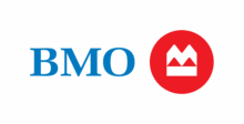 BMO logo featuring blue "BMO" text next to a red circle with a white stylized crown and bar design inside.