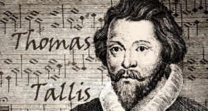 A black-and-white illustration of composer Thomas Tallis, famed for his words and music, with musical notes in the background and his name in large text—echoing the era of Queen Elizabeth I.