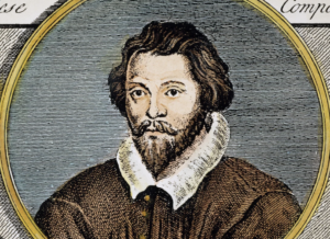 A historical portrait illustration of a man with dark hair and beard, wearing a brown coat and white ruffled collar, set inside a circular frame—evoking the era of Queen Elizabeth I, when words and music shaped culture.