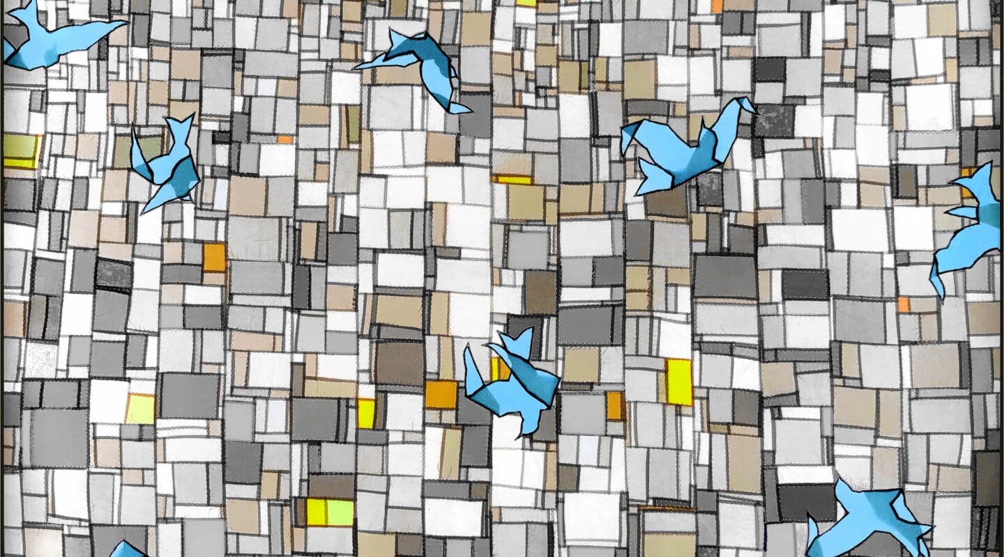 A silhouette of a person faces a mosaic wall of square tiles in neutral tones, as blue origami-style birds—emblems of Shared Visions 2026—fly gracefully across the scene.