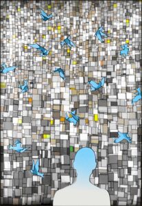 A silhouette of a person faces a mosaic wall of square tiles in neutral tones, as blue origami-style birds—emblems of Shared Visions 2026—fly gracefully across the scene.