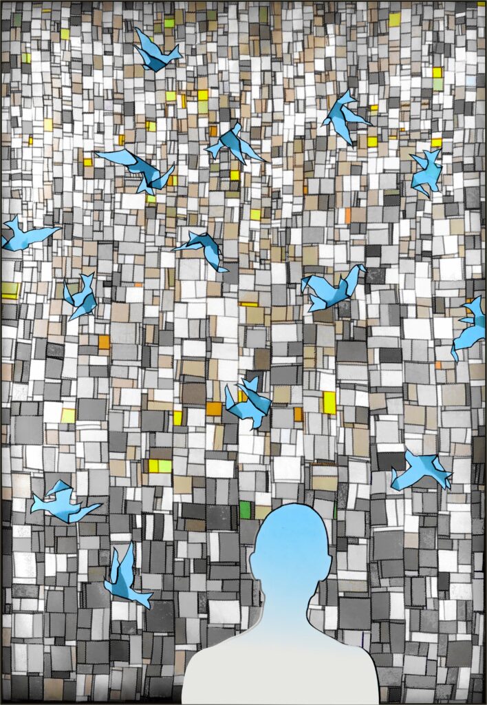 A silhouette of a person faces a mosaic wall of square tiles in neutral tones, as blue origami-style birds—emblems of Shared Visions 2026—fly gracefully across the scene.