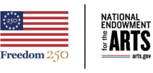 Freedom 250 logo with a stylized American flag and the National Endowment for the Arts logo with arts.gov web address.