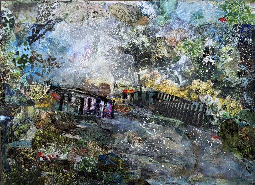 Mixed media collage depicting a house on a slope surrounded by abstract textures, foliage, and various shades of green, blue, and gray.