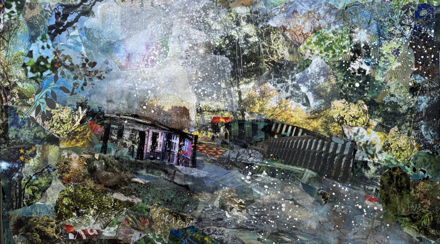 Mixed media collage depicting a house on a slope surrounded by abstract textures, foliage, and various shades of green, blue, and gray.