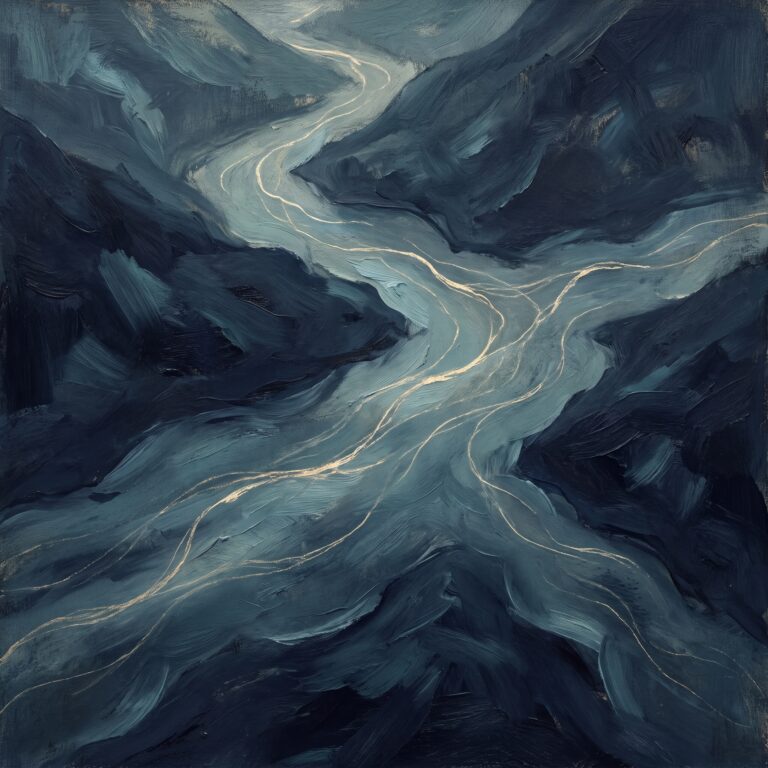 Abstract aerial view of two mountain streams converging into one river in deep navy and teal with threads of gold light