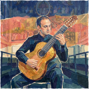Torn tissue-paper collage of a seated guitarist playing a classical guitar in a frescoed chapel, deep navy and teal with coral and antique gold light