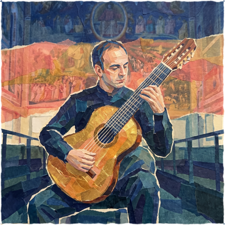 Torn tissue-paper collage of a seated guitarist playing a classical guitar in a frescoed chapel, deep navy and teal with coral and antique gold light