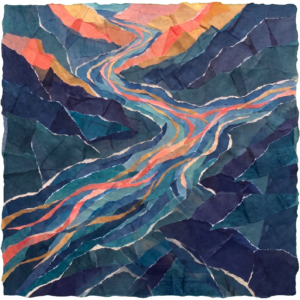 Torn tissue-paper collage, aerial view of mountain streams converging into a river, deep navy and teal ridges with coral and gold light along the water