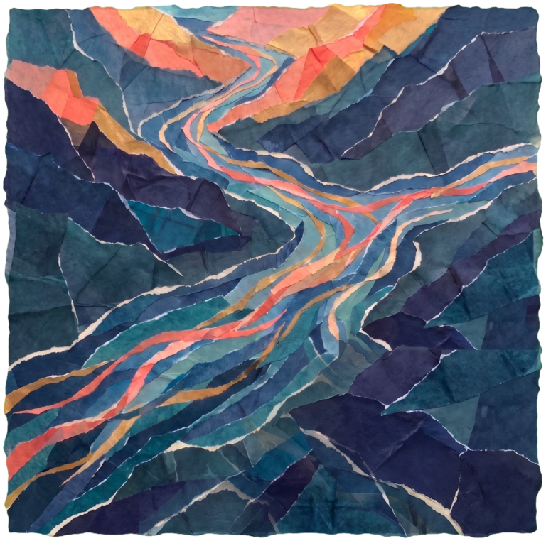 Torn tissue-paper collage, aerial view of mountain streams converging into a river, deep navy and teal ridges with coral and gold light along the water