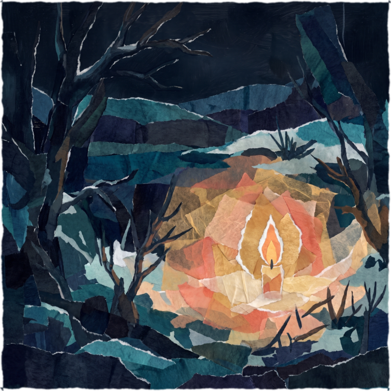 Torn tissue-paper collage of a single candle burning in a dark winter forest, bare branches against layered navy and teal snow, warm coral and gold light around the flame