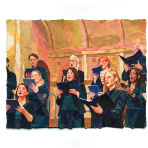Torn tissue-paper collage of Ars Nova Singers in performance, singers in dark concert dress holding folders and tablets beneath a warm gold arched hall