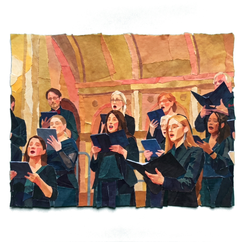 Torn tissue-paper collage of Ars Nova Singers in performance, singers in dark concert dress holding folders and tablets beneath a warm gold arched hall