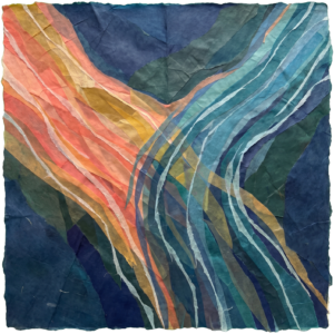 Torn tissue-paper collage of two river currents crossing and merging, one warm coral and gold, one cool teal and navy, blending where they overlap