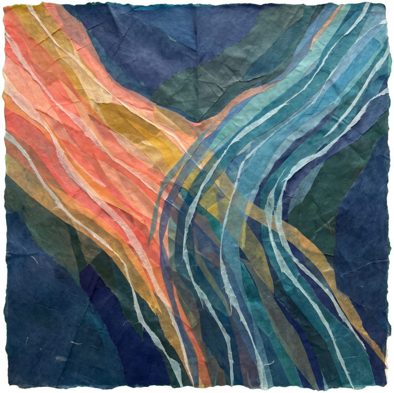 Torn tissue-paper collage of two river currents crossing and merging, one warm coral and gold, one cool teal and navy, blending where they overlap