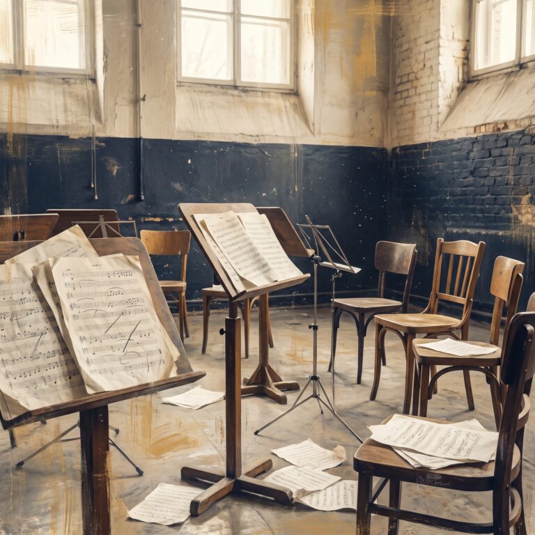 Abstract painterly artwork for the Blake Morgan Residency: a rehearsal room in working light with scattered sheet music, pencil marks, empty chairs and stands