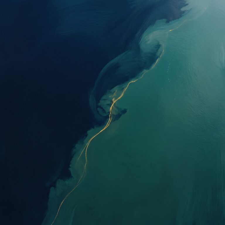 Abstract painterly artwork for Cross Currents: a wide river downstream of a confluence, two differently coloured currents running side by side and slowly merging