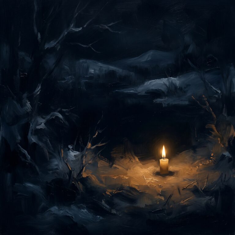 Abstract painterly artwork for Darkness & Light: a single candle flame against deep winter darkness, warm gold falling away into cold blue-black shadow
