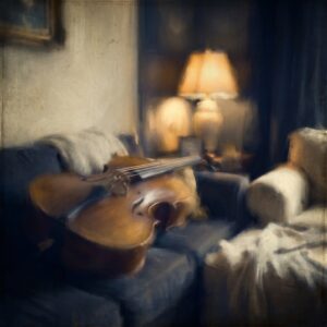 Abstract painterly artwork for the House Concert with Nicolo Spera: an intimate domestic interior at night lit by warm lamplight, the suggestion of a guitar's curve and strings