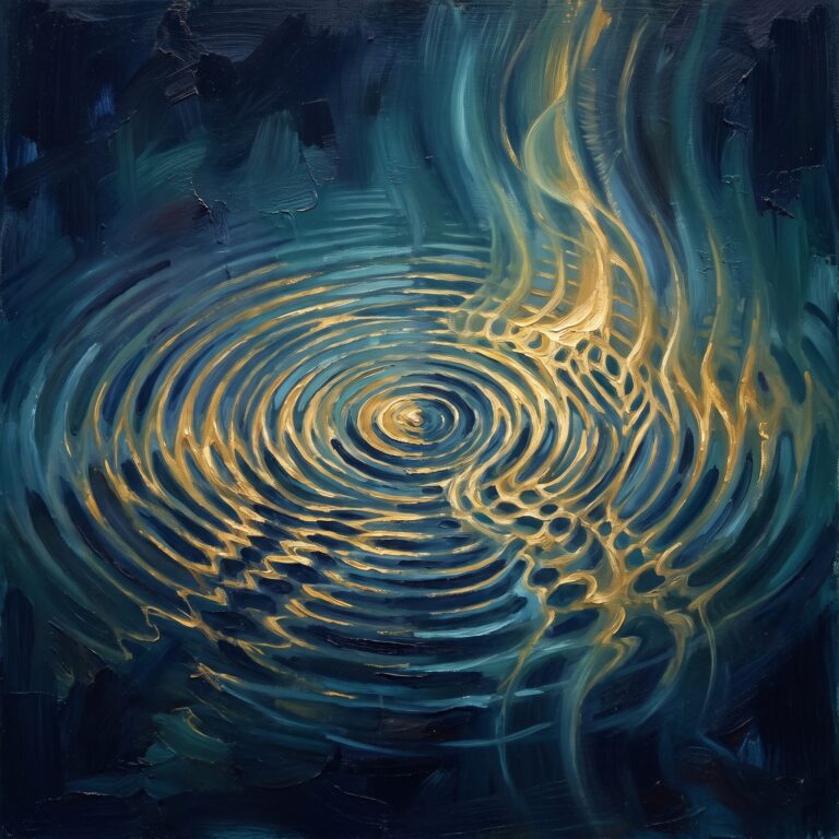 Abstract painterly artwork for Sound & Motion: concentric ripples and standing waves moving outward through air, pressure rendered as light