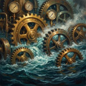 Abstract painterly artwork for Springs & Gears: steampunk brass gearing meeting flowing water, mill wheels and cogs half-submerged, warm brass against cold current