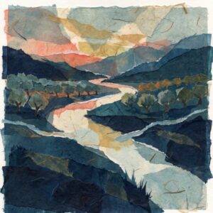 Torn tissue-paper collage of an Andalusian river valley at dusk, olive groves on both banks and a snow-capped sierra beyond, in deep navy and teal with coral and gold