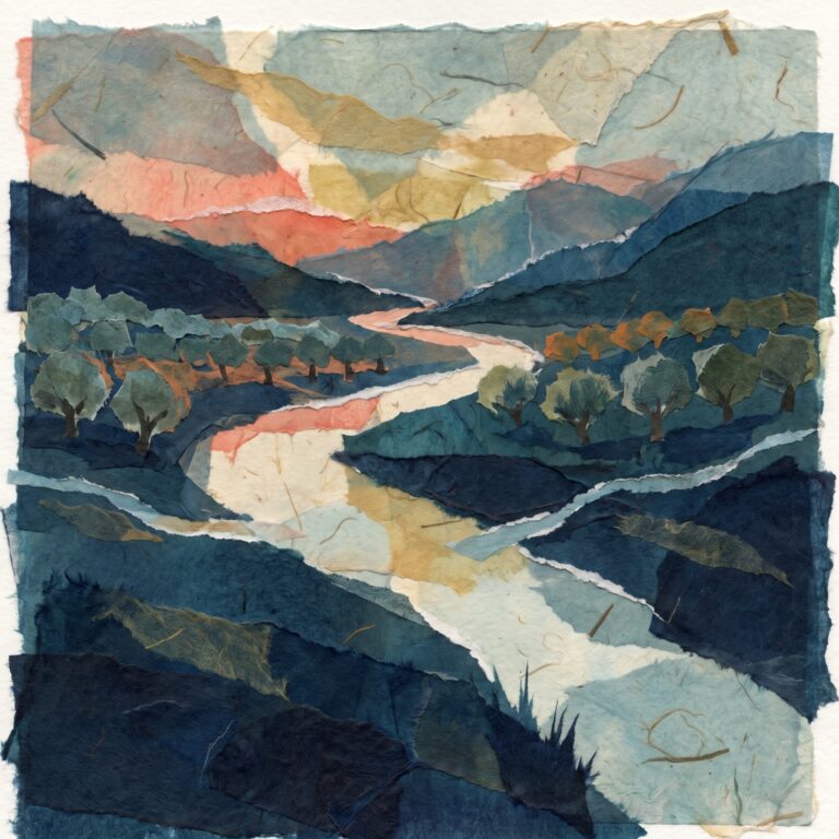 Torn tissue-paper collage of an Andalusian river valley at dusk, olive groves on both banks and a snow-capped sierra beyond, in deep navy and teal with coral and gold