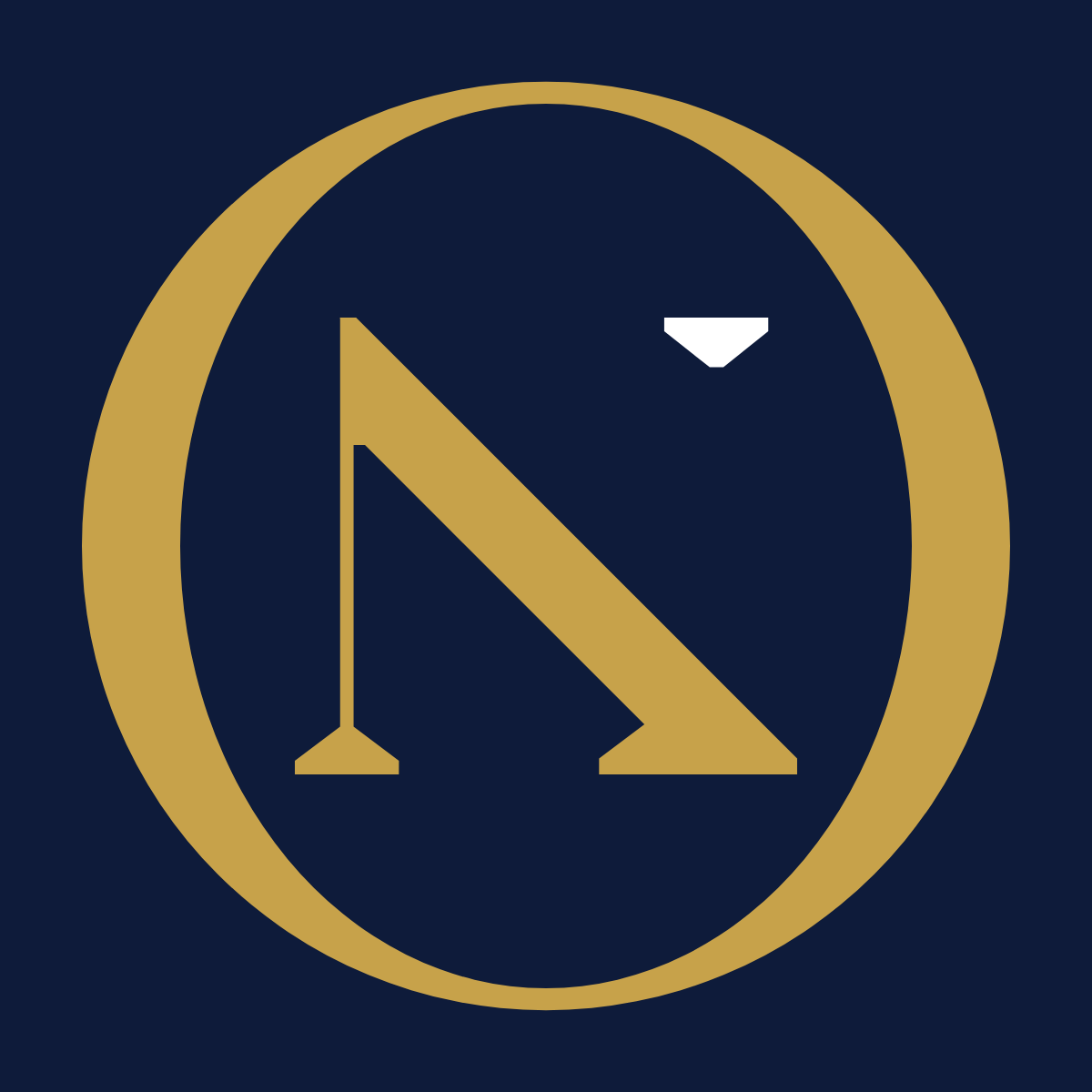 Nova Circle mark: the Ars Nova N enclosed by a gold serif O, on a season-navy square field
